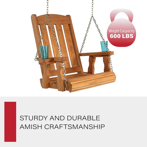 Vista 4 de Amish Casual Silla columpio con tratamiento a presión de misión resistente con portavasos (mancha de cedro)