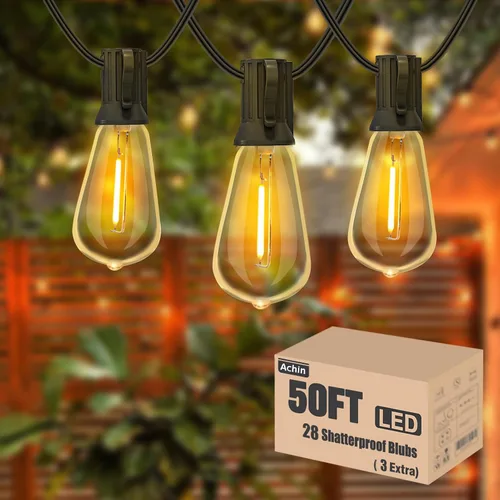 Vista 17 de Achin 50FT Solar String Lights Outdoor with 32 LED Bulbs 1.5FT Bulbs Spacing,Patio String Lights Whith Remote, IP65 Waterproof, 3600mAm Battery
