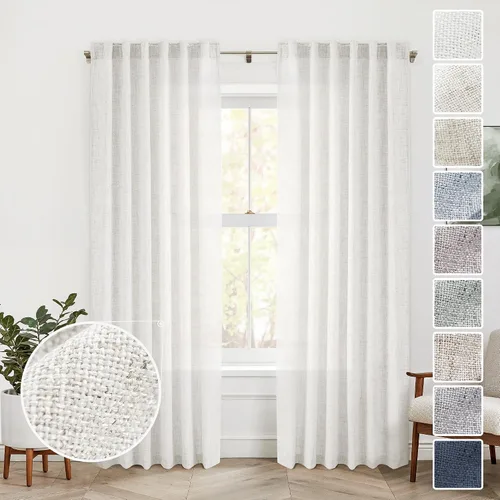 Vista 19 de Cortinas de Lino Natural Color Crema de 84 Pulgadas de Largo para Sala de Estar, Juego de 2 Paneles de Lino Texturizado con Trabillas Traseras