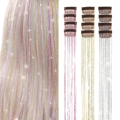 Vista 22 de Ubeleco Kit de oropel para cabello negro de 12 piezas, accesorios de cabello con clip de 52 cm, kit de oropel de pelo de hada para Navidad y Año
