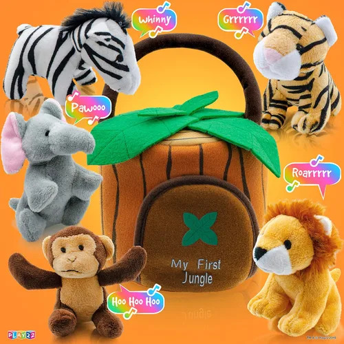 Vista 7 de Play22 Juego de 6 piezas de animales de la selva parlantes de felpa con transportador para niños, bebés y niños pequeños, elefante, tigre, león
