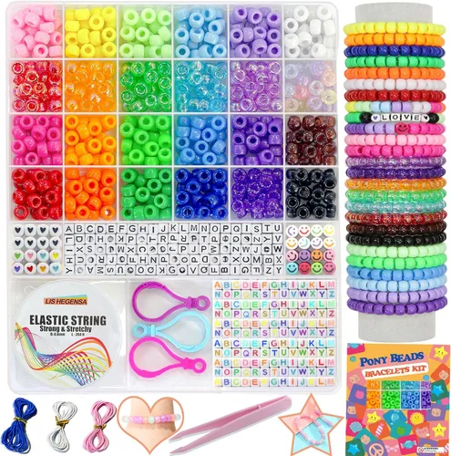 Vista 10 de LIS HEGENSA Kandi - Juego de cuentas de pony a granel, para hacer collares, joyas, trenzar el cabello, pulseras, cuentas de plástico