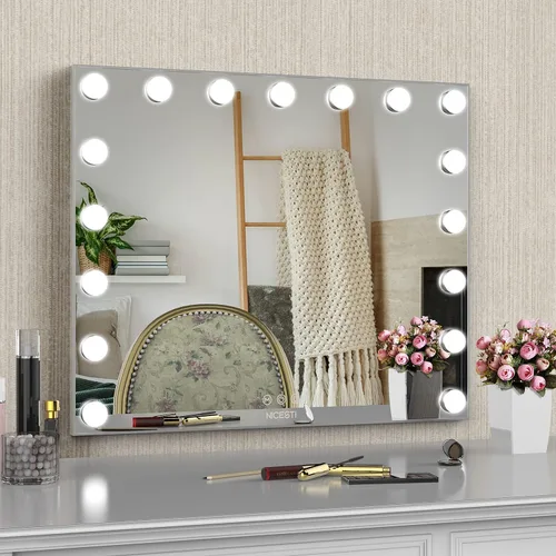 Vista 7 de Espejo de tocador con luces LED, 17 bombillas LED regulables, espejo de maquillaje con control táctil, montaje en mesa o pared, marco de aluminio