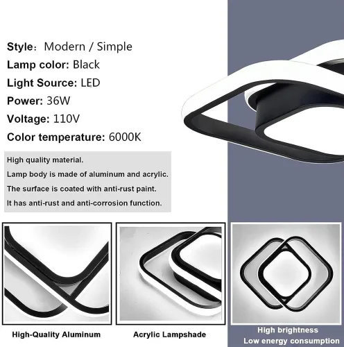 Vista 5 de Lámpara de techo moderna LED de montaje empotrado, lámpara de techo cuadrada de acrílico para sala de estar, comedor, estudio, villa, dormitorio