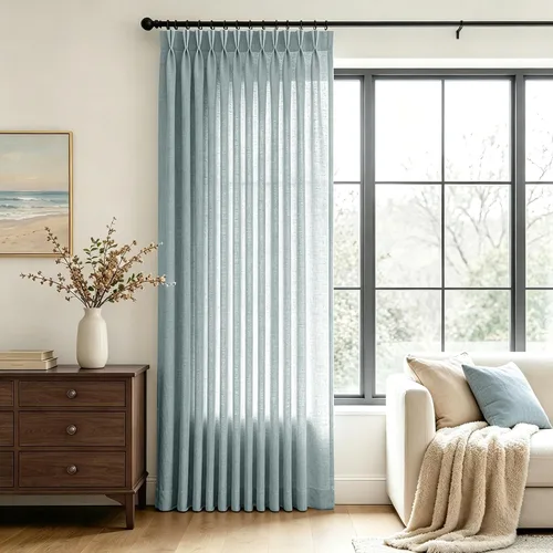 Vista 13 de Cortinas de lino de 63 pulgadas, juego de 2 paneles para sala de estar, beige natural, cortinas con pliegues pellizco entrenadas con memoria