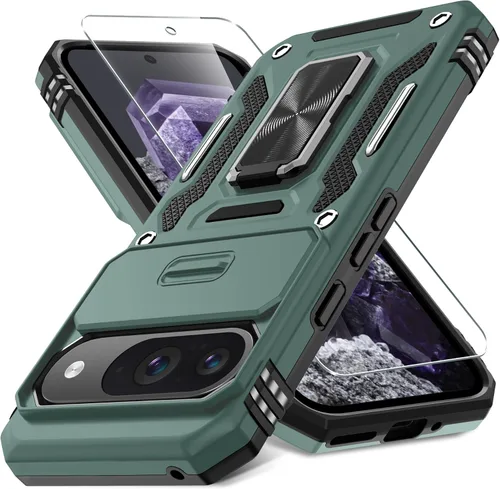 Vista 24 de DEERLAMN Funda para Google Pixel 8 con cubierta deslizante para cámara + protector de pantalla (1 paquete), soporte de anillo giratorio grado