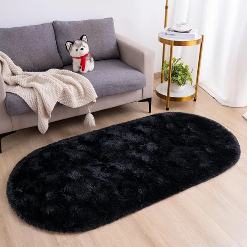 Vista 2 de Goideal - Alfombra esponjosa de dormitorio, alfombra pequeña ovalada, alfombra negra peluda para mesita de noche, ideal para habitación infantil