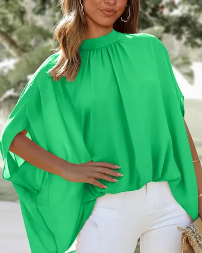 Vista 45 de BTFBM Blusas de verano para mujer, cuello alto falso, manga murciélago, holgadas, dobladillo alto y bajo, blusas informales de gran