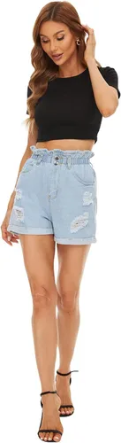 Vista 5 de Pantalón corto Plaid&Plain de jeans, color azul, cintura alta, enrollados, para mujer Azul Claro Rasgado-1