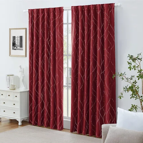 Vista 7 de HOMEIDEAS – Cortinas opacas burdeos/rojas de 52 x 63 pulgadas, 2 paneles, línea ondulada plateada con lunares impresos al reverso, cortinas