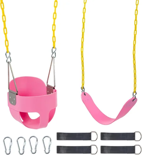 Vista 9 de Ktaxon Columpio de cubo para niños pequeños, asiento completo de cubo para niños con cadenas revestidas y ganchos de bloqueo, juego de columpios