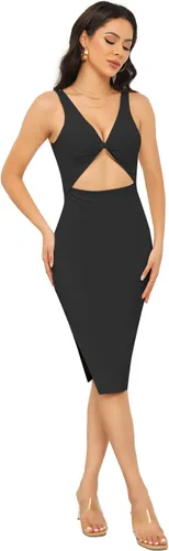 Vista 3 de Vestido sexy de mujer con cuello en V profundo y entrecruzado, entallado, con abertura, elegante, para fiesta y club