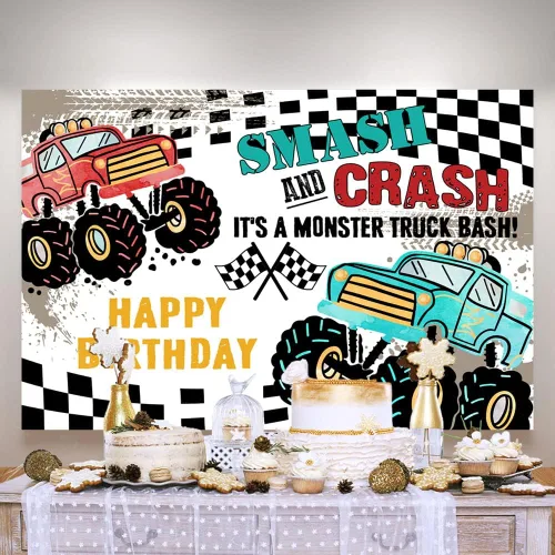 Vista 6 de Ticuenicoa Grave Digger - Fondo de cumpleaños de Monster Truck – Fondo de cabina de fotos con diseño de llama de 5 x 3 pies para niños, decoración