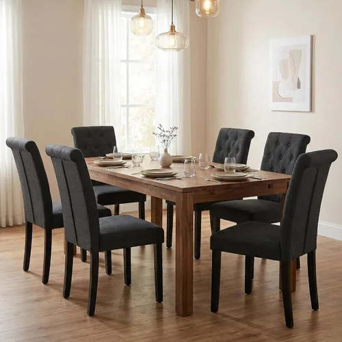 Vista 3 de Juego de 2 sillas de comedor tapizadas de tela con detalles de botones incrustados (Juego de 2 Negro)