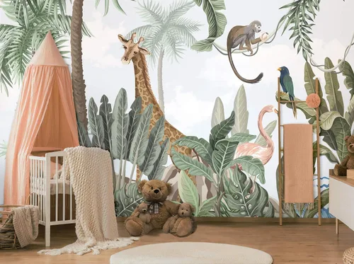 Vista 3 de Murwall Papel tapiz infantil con diseño de animales de safari, estampado de flamenco rosa y jirafa linda para habitación de niños, bosque