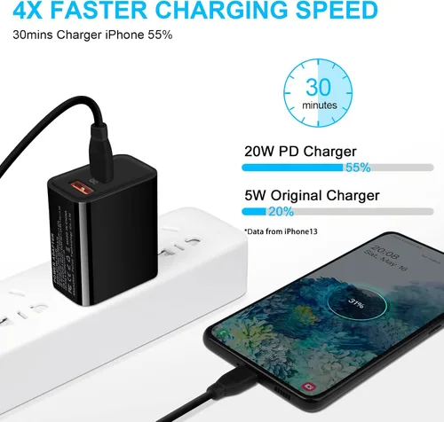 Vista 2 de Bloque de cargador USB C, cargador de pared PD de doble puerto de 20 W para Negro