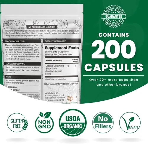 Vista 5 de Maca negra gelatinizada orgánica 3 veces más fuerte, 200 cápsulas para hombres y mujeres, suplemento energético natural para concentración