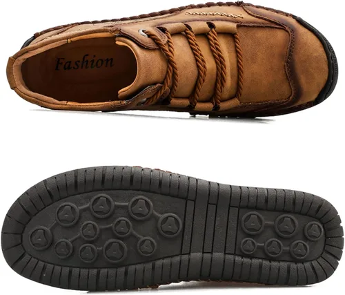 Vista 3 de Dacomfy Zapatos casuales para hombre, mocasines sin cordones, botas de tobillo con costuras a mano, botas chukka con cordones, zapatos de cuero