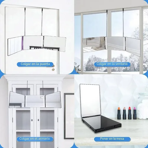 Vista 4 de HIEEY Espejo de 3 vías para corte de cabello con LED, espejo triple de 360 grados con ganchos telescópicos ajustables en altura y aumento de 5X