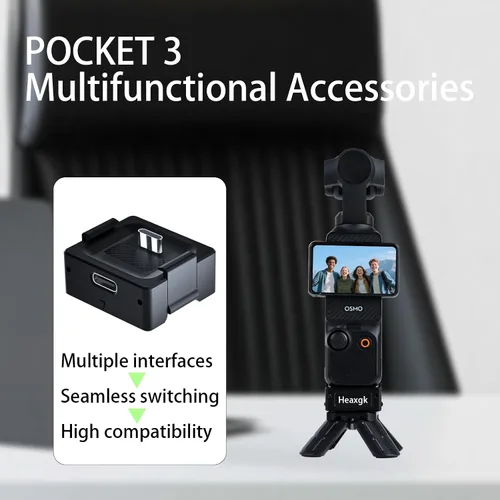 Vista 3 de Kit de trípode de liberación rápida para DJI Osmo Pocket 3, base de adaptador de carga de puerto de función completa tipo C para bolsillo 3