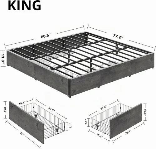 Vista 2 de LIKIMIO Base de cama King con 4 cajones de almacenamiento, color gris Gris carbón