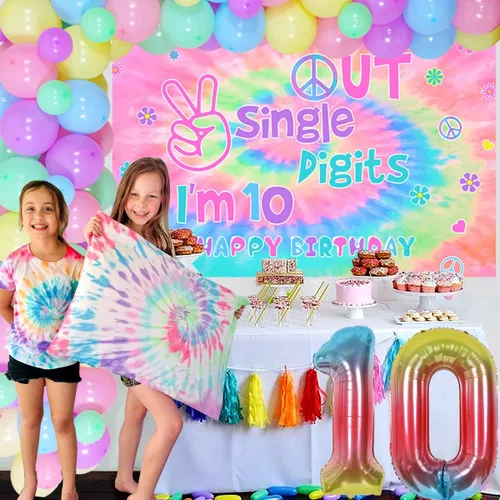 Vista 3 de Decoraciones de cumpleaños número 10 para niñas, juego de guirnalda de globos de macarrón con un solo dígito con texto en inglés "I'm 10" Backdrop