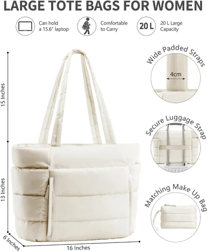 Vista 3 de Bolsa Tote Acolchada para Mujeres, Bolsa de Mano de Trabajo Ligera y Esponjosa para Maestras y Enfermeras, Bolsa de Hombro Acolchada para Escuela
