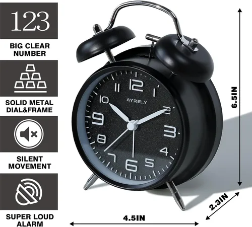 Vista 2 de AYRELY® Reloj despertador de campana doble súper fuerte para adultos de sueño pesado, 4 pulgadas, retro, silencioso, sin tictac, con luz nocturna