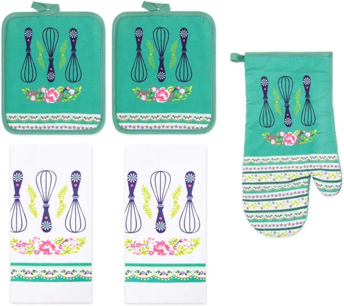 Vista 13 de Juego de ropa de cocina de 5 piezas, 2 toallas de algodón, 2 agarraderas, 1 guante de horno con lazo para colgar, material 100% algodón en la parte