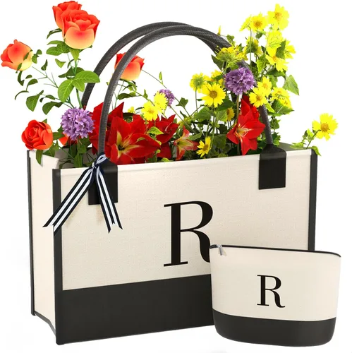Vista 13 de Monogrammed Canvas Tote Bag with Zipper Pockets - Ideal Gift for Mom, Teacher, Sister