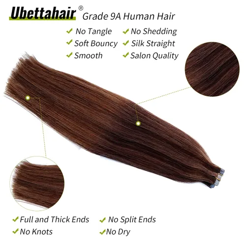 Vista 3 de Ubetta Extensiones de cabello humano real con cinta, 20 piezas de doble cara con trama de piel, extensiones de cabello Remy invisible, con cinta