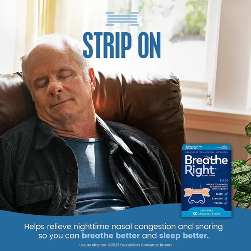 Vista 2 de Breathe Right Tiras nasales para dejar de roncar, sin drogas, bronceado original grande, 30 unidades, 2 paquetes