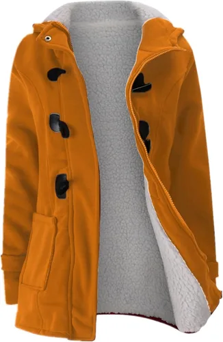 Vista 11 de JiangWu - Chaqueta cálida de invierno con capucha y forro de vellón, botones tipo cuerno, para mujer Negro