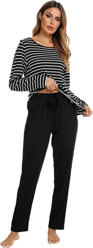 Vista 4 de Pijamas de algodón para mujer, ropa de dormir de manga larga con pantalones, suave y cómoda a rayas, conjunto de pijama para mujer