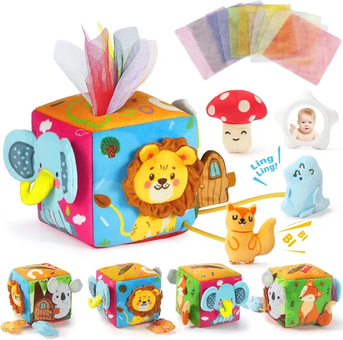 Vista 9 de URMYWO Caja de pañuelos de bebé juguete - Juguetes Montessori para bebés de 6-12 meses 1 año niño niña - Juguetes sensoriales suaves crujientes