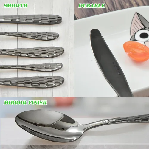 Vista 5 de Juego de cubiertos negros de 40 piezas para 8, cubiertos de acero inoxidable 18/10 para 8, elegante diseño de panal de abeja, incluye cuchillo