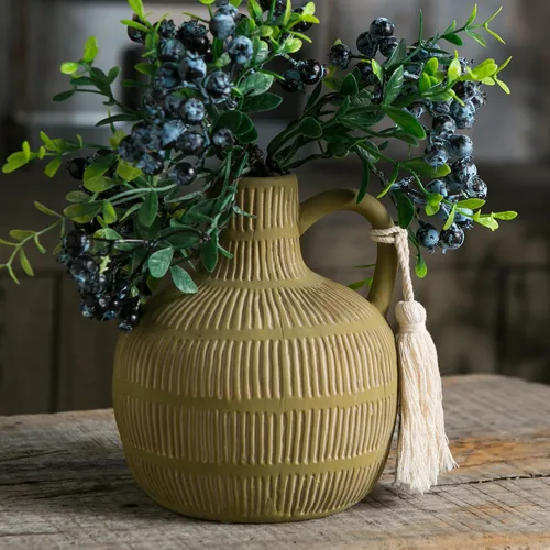 Vista 14 de Mowtanco Jarrón rústico con asa y borla, diseño de rayas verticales grises y amarillas, jarrón de arcilla de 10 pulgadas de alto, florero de Gris