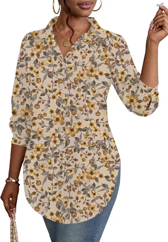 Vista 25 de Rooscier Blusa larga con cuello en V para mujer, manga larga, abertura lateral, con botones