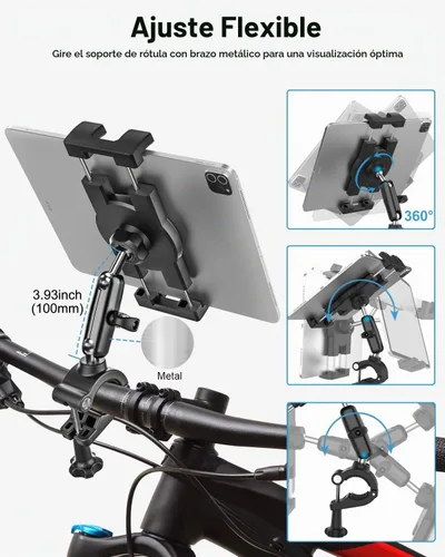Vista 3 de Soporte para tableta de bicicleta, soporte para tableta de motocicleta con brazo de metal, abrazadera de bicicleta con ajuste de 360 grados