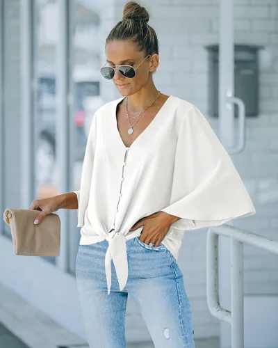 Vista 3 de Luvamia - Blusa informal de manga 34 con nudo y cuello en V para mujer, blusas unicolor con botones