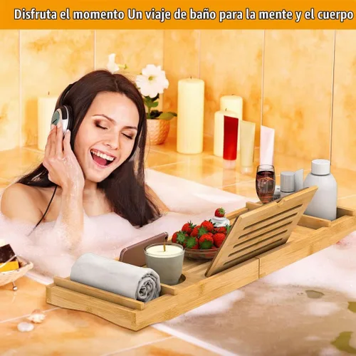 Vista 4 de Bandeja de Bañera de Bambú para Baño de Lujo, Bandeja de Baño Premium Expandible con Soporte para Jabón/Toalla/Libro, Accesorios de Baño Ajustables