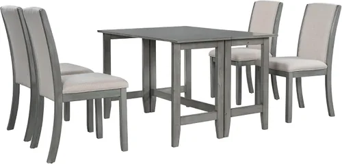 Vista 9 de Juego de mesa de comedor extensible rústica de 5 piezas con hojas caídas y 4 sillas de comedor tapizadas, mesa de madera maciza para comedor