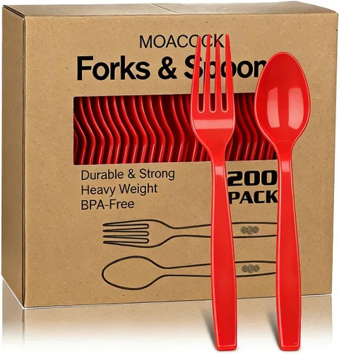 Vista 8 de MOACOCK 200 piezas de cubiertos de plástico negro plateado, tenedores y cucharas de plástico de peso pesado, juego de utensilios desechables