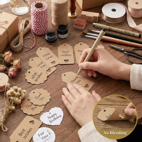 Vista 4 de SallyFashion Paquete de 200 etiquetas de regalo con cuerda adjunta, 3 diseños diferentes, etiquetas en blanco y marrón, etiquetas de regalo