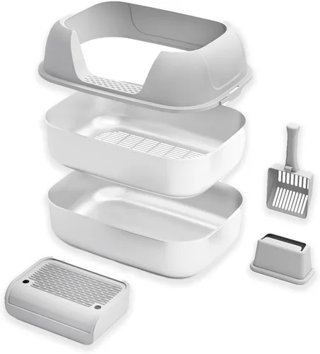 Vista 8 de Caja de arena tamizadora de acero inoxidable con tapa, bandeja de arena de metal con pala para gatos grandes y múltiples gatos, caja de arena