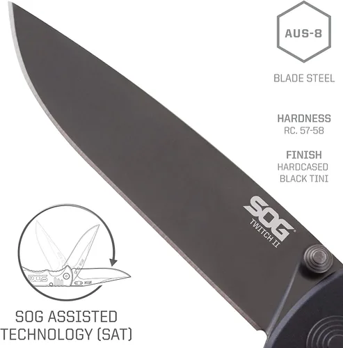 Vista 3 de SOG Twitch II Drop Point 2.65in Everyday Carry Portable Compact Well-Rounded Camping Pocket Folding Knife AUS-8 Steel Blade