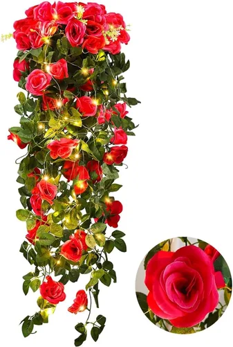 Vista 17 de RECUTMS - Guirnalda de flores artificiales colgantes de rosas negras, 2 guirnaldas florales falsas de 3.3 pies con 30 luces LED para pared