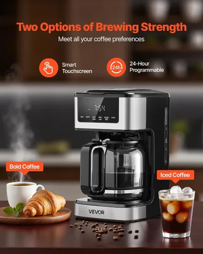 Vista 2 de VEVOR Cafetera programable, cafetera de goteo programable de 12 tazas con pantalla táctil, cafetera de 4 horas para mantener el calor, cafetera