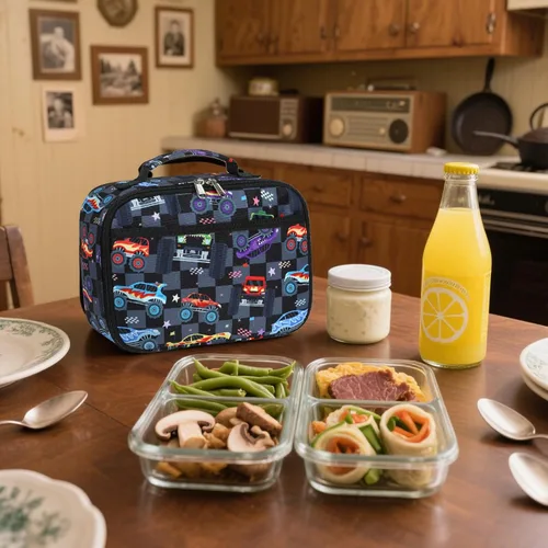 Vista 8 de CAMTOP Mochila para niños y niñas, mochilas preescolares con lonchera, juego de mochila escolar para jardín de infantes (vehículo negro a cuadros)
