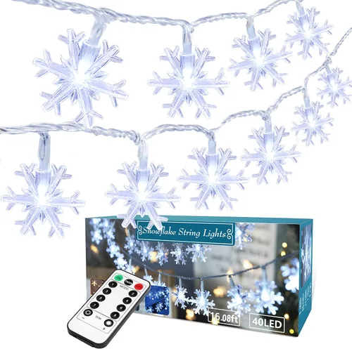Vista 10 de BrizLabs - Luces de copo de nieve de colores, 40 LED 16.08 pies de luces de Navidad en forma de copo de nieve con control remoto, 8 modos de luces